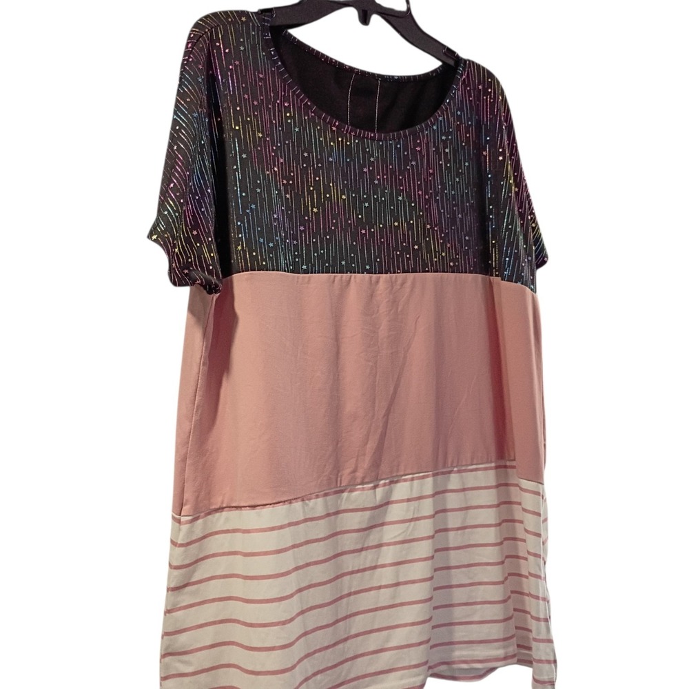 Shein Curve Blouse 1XL Short Sleeve Color Star Stripe Pink Black White Lace EUC - Picture 2 of 5